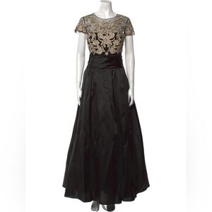 Marchesa  Notte: Black silk dress with embroidered gold flowers ball gown.